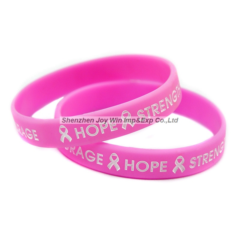 Promotional Debossed Filled Ink Silicone Bracelet Pink Silk Ribbon Wristband
