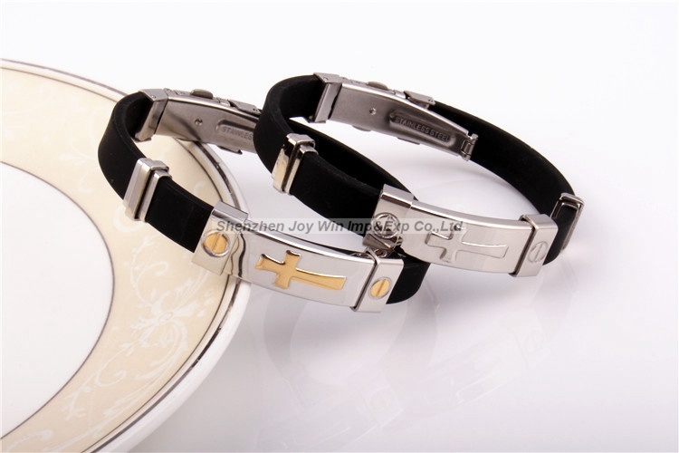 Promotional Golden Siliver Cross Stainless Steel Silicone Bracelets
